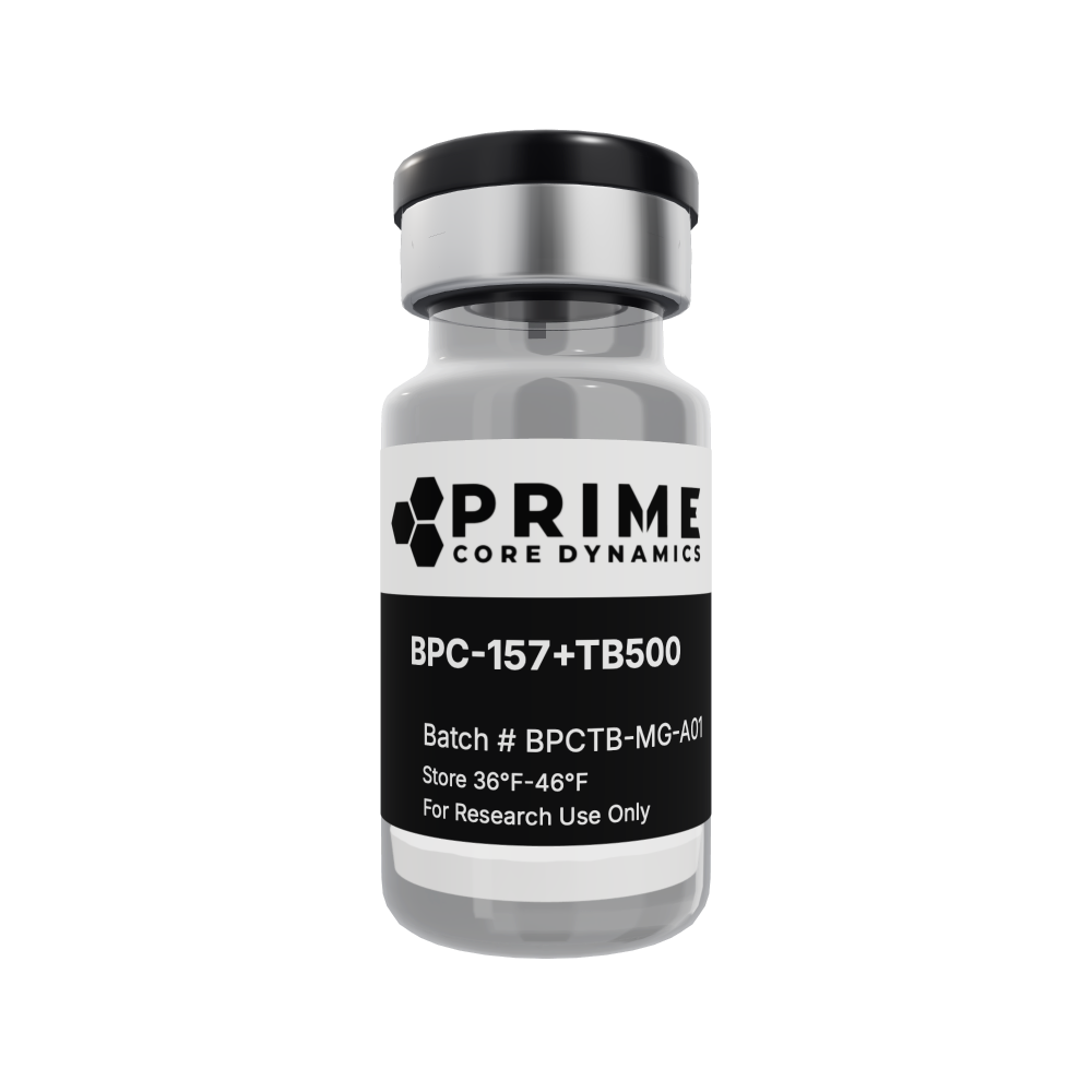 BPC-157 + TB500 (Wolverine Blend) 20mg lyophilized powder in a sealed glass vial.