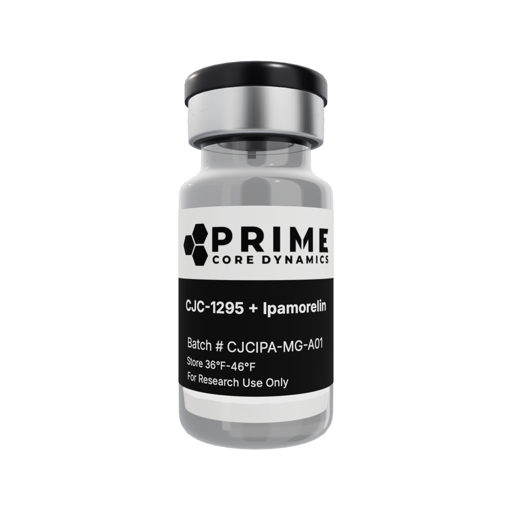 CJC-1295 without DAC + Ipamorelin 20mg lyophilized powder in a sealed glass vial.