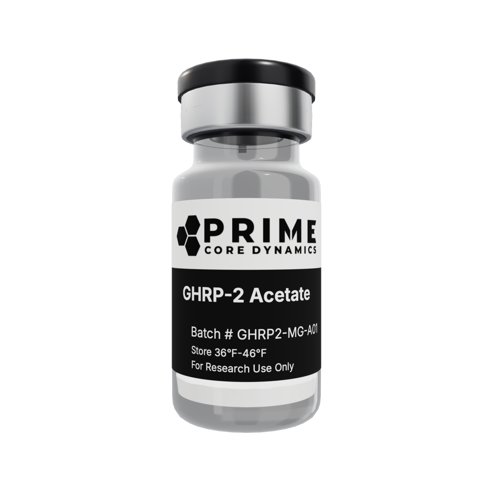 GHRP-2 Acetate 10mg lyophilized powder in a sealed glass vial.