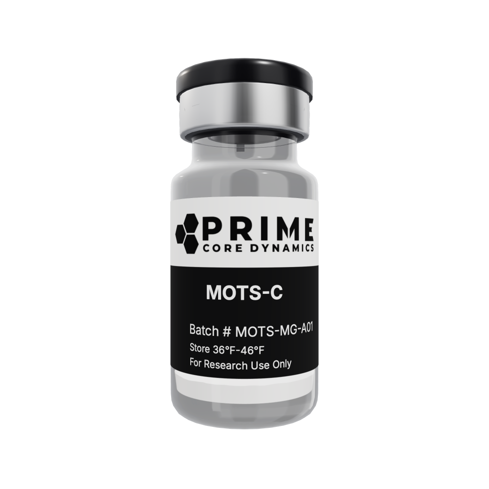MOTS-C 10mg lyophilized powder in a sealed glass vial.