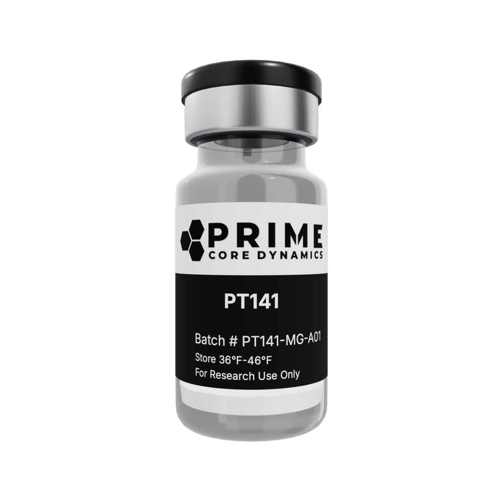 PT141 10mg lyophilized powder in a sealed glass vial.