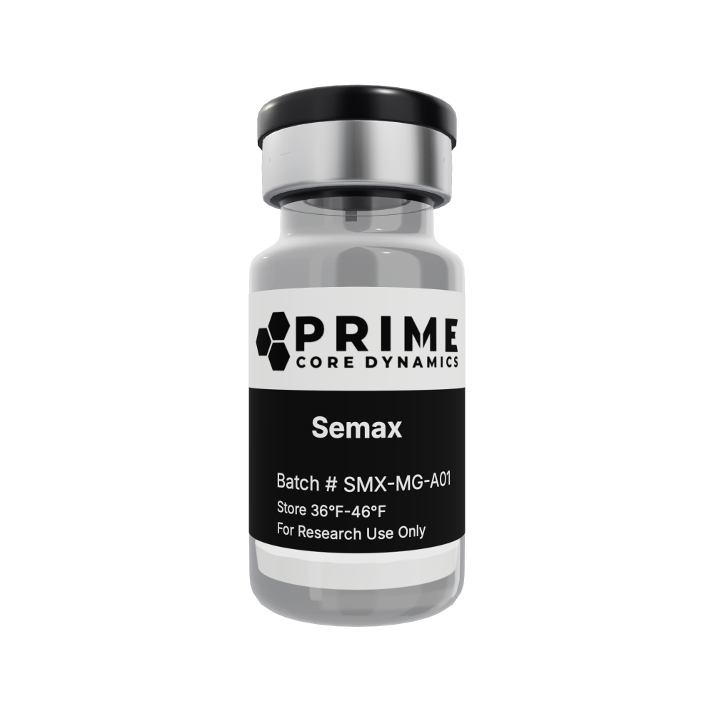 Semax 5mg lyophilized powder in a sealed glass vial.