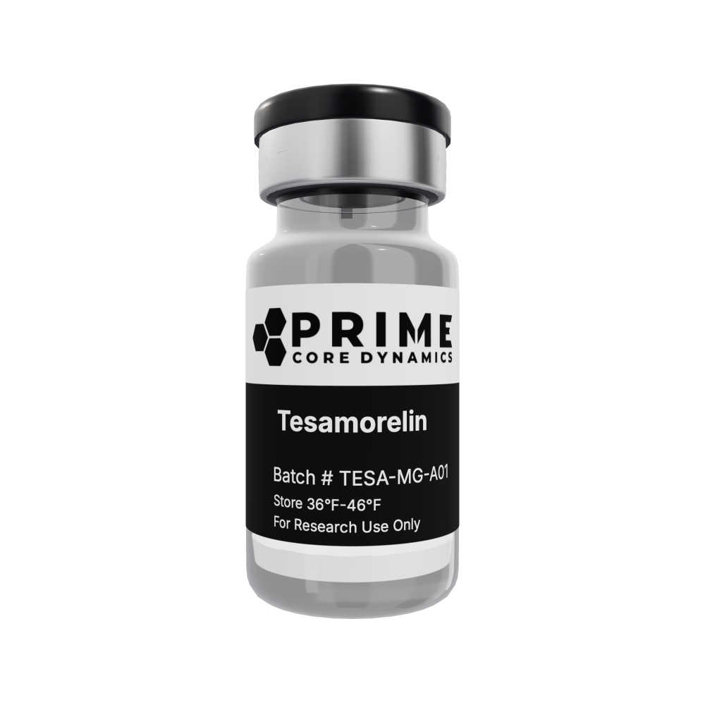 Tesamorelin 10mg lyophilized powder in a sealed glass vial.