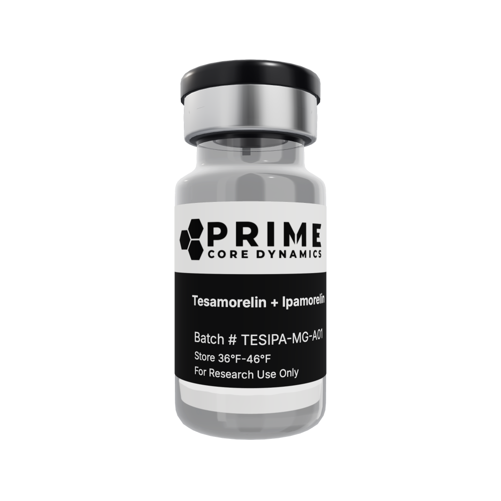 Tesamorelin + Ipamorelin 20mg lyophilized powder in a sealed glass vial.